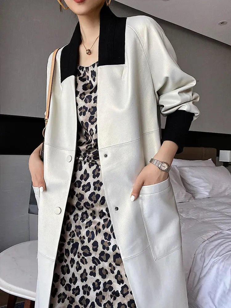 Nerazzurri Spring Autumn Loose Long Leather Trench Coat for Women with V Neck Raglan Sleeve Pockets Luxury Designer Clothes 2022 ZITA LA BELLE ÉLITE