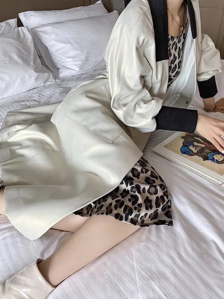 Nerazzurri Spring Autumn Loose Long Leather Trench Coat for Women with V Neck Raglan Sleeve Pockets Luxury Designer Clothes 2022 ZITA LA BELLE ÉLITE