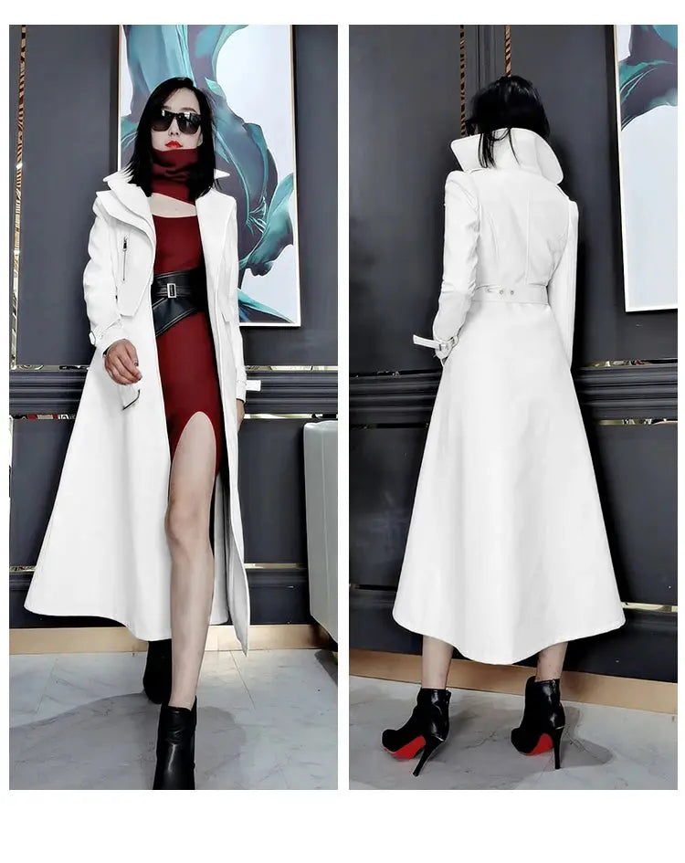 Nerazzurri Spring Runway White Long Leather Trench Coat for Women Long Sleeve Elegant Luxury fashion Womens Coats 2021 Designer ZITA LA BELLE ÉLITE