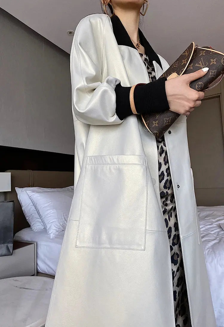 Nerazzurri Spring Autumn Loose Long Leather Trench Coat for Women with V Neck Raglan Sleeve Pockets Luxury Designer Clothes 2022 ZITA LA BELLE ÉLITE