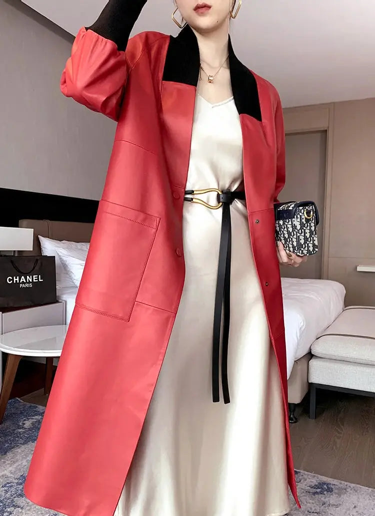 Nerazzurri Spring Autumn Loose Long Leather Trench Coat for Women with V Neck Raglan Sleeve Pockets Luxury Designer Clothes 2022 ZITA LA BELLE ÉLITE