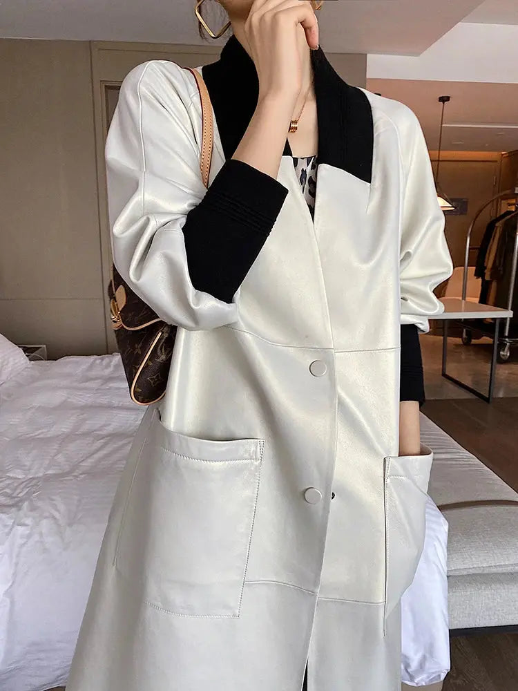 Nerazzurri Spring Autumn Loose Long Leather Trench Coat for Women with V Neck Raglan Sleeve Pockets Luxury Designer Clothes 2022 ZITA LA BELLE ÉLITE