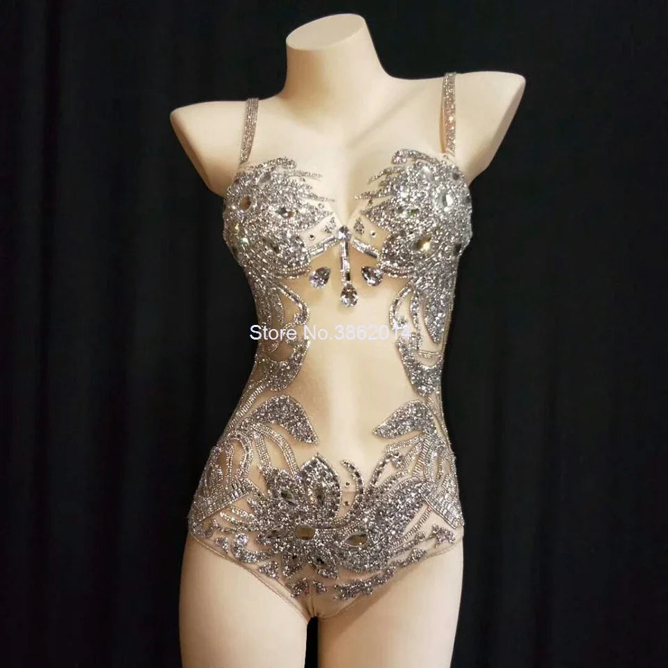 Sparkly Gold Crystals Feather Women Bodysuit