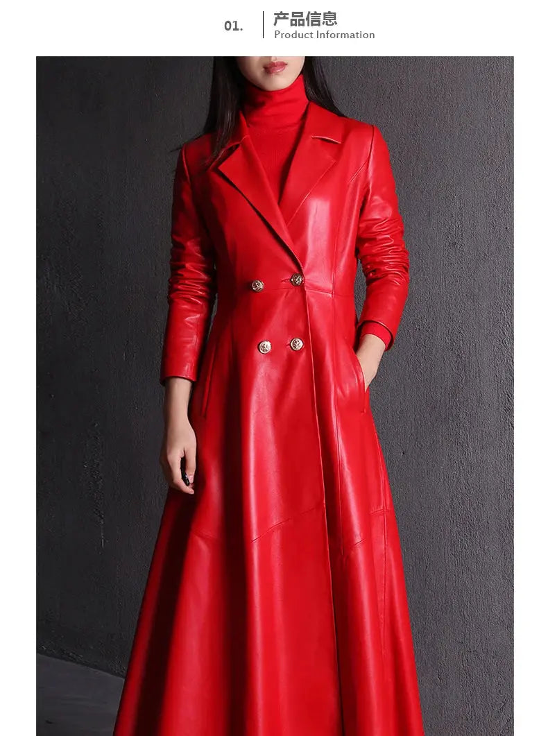 Lautaro Autumn Long Skirted Red Black Faux Leather Trench Coat for Women Double Breasted Elegant Luxury Fashion 4xl 5xl 6xl 7xl ZITA LA BELLE ÉLITE