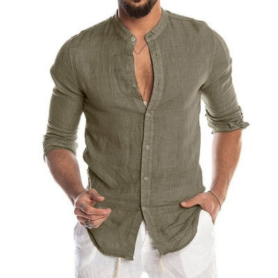 Light beige men's cotton linen short sleeve shirt with casual fit, from donjohnbyvictoriacharles, displayed flat on a white background.