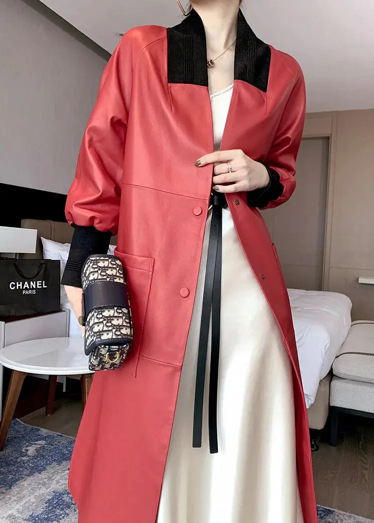 Nerazzurri Spring Autumn Loose Long Leather Trench Coat for Women with V Neck Raglan Sleeve Pockets Luxury Designer Clothes 2022 ZITA LA BELLE ÉLITE