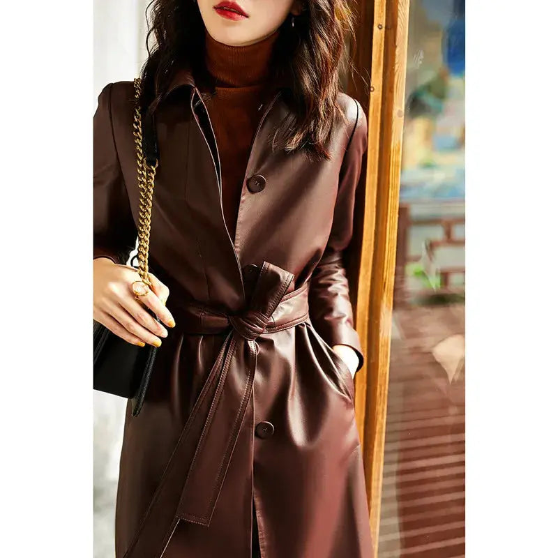 Women's Large Size Leather Coat Lace up Genuine Sheepskin Long Trench Jacket Top for Spring And Autumn ZITA LA BELLE ÉLITE