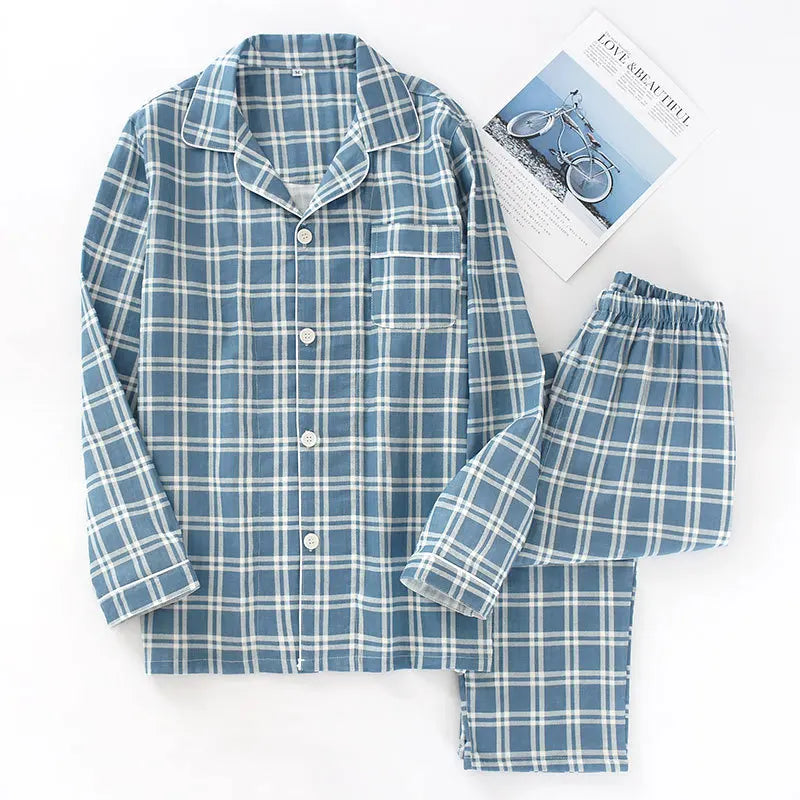 Spring and autumn mens pajamas long-sleeved trousers cotton double gauze lattice large size