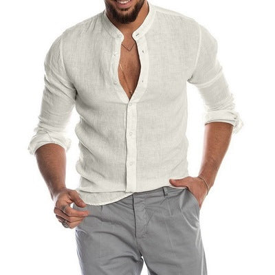 Men's short sleeve cotton linen shirt by donjohnbyvictoriacharles, casual style, lightweight fabric, natural fit, light beige color.