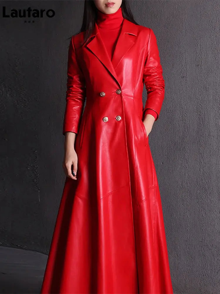 Lautaro Autumn Long Skirted Red Black Faux Leather Trench Coat for Women Double Breasted Elegant Luxury Fashion 4xl 5xl 6xl 7xl ZITA LA BELLE ÉLITE