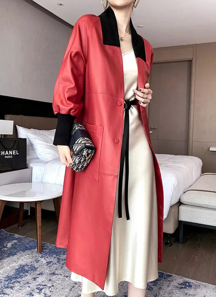 Nerazzurri Spring Autumn Loose Long Leather Trench Coat for Women with V Neck Raglan Sleeve Pockets Luxury Designer Clothes 2022 ZITA LA BELLE ÉLITE