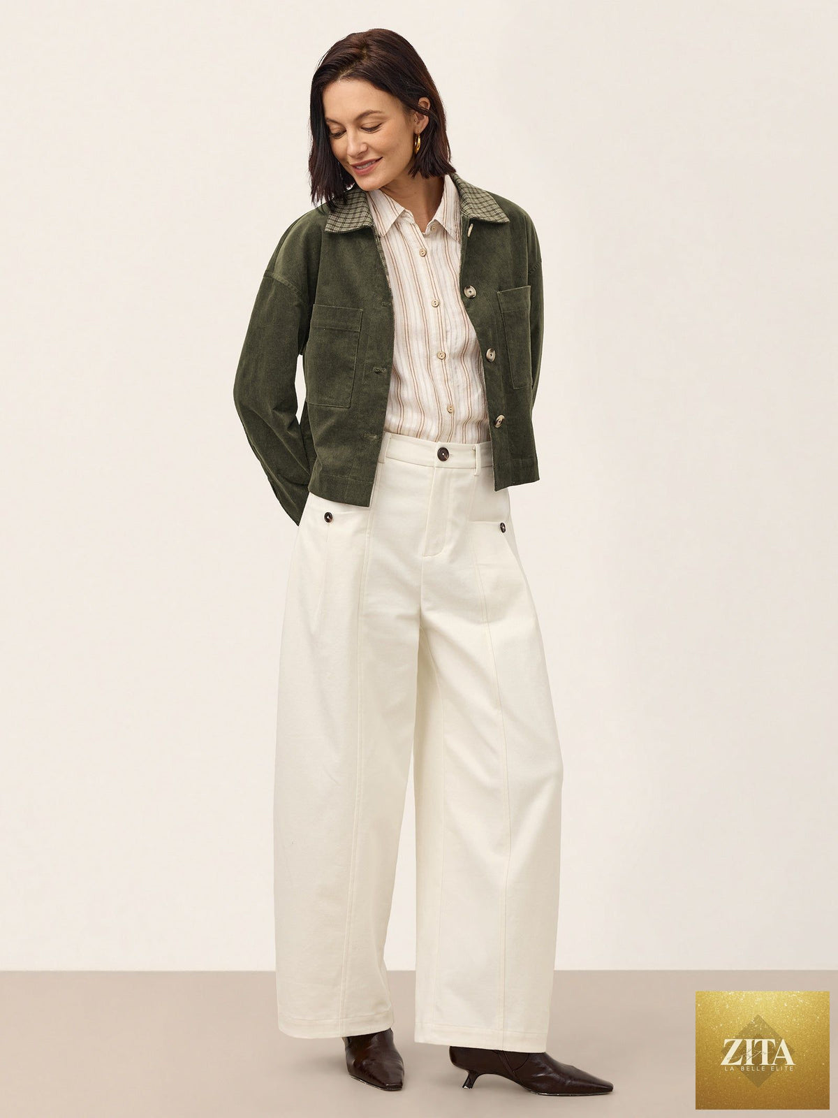 Cotton Mid Waist Curved Leg Pants LORENA