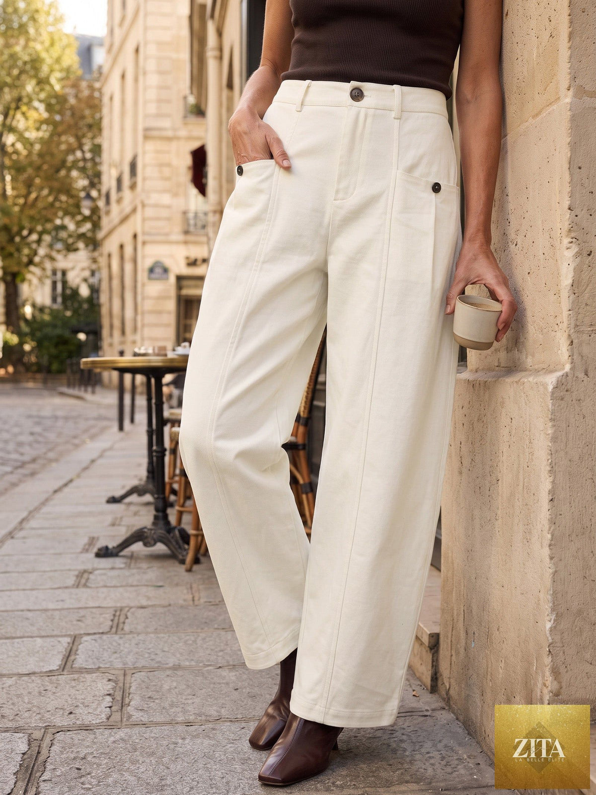 Cotton Mid Waist Curved Leg Pants LORENA