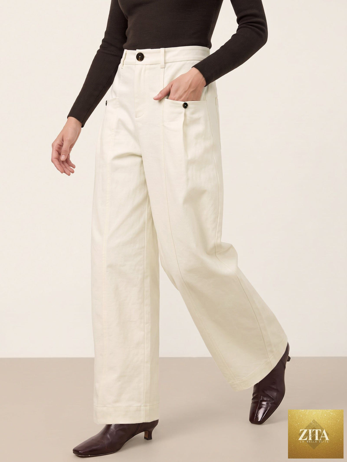 Cotton Mid Waist Curved Leg Pants LORENA