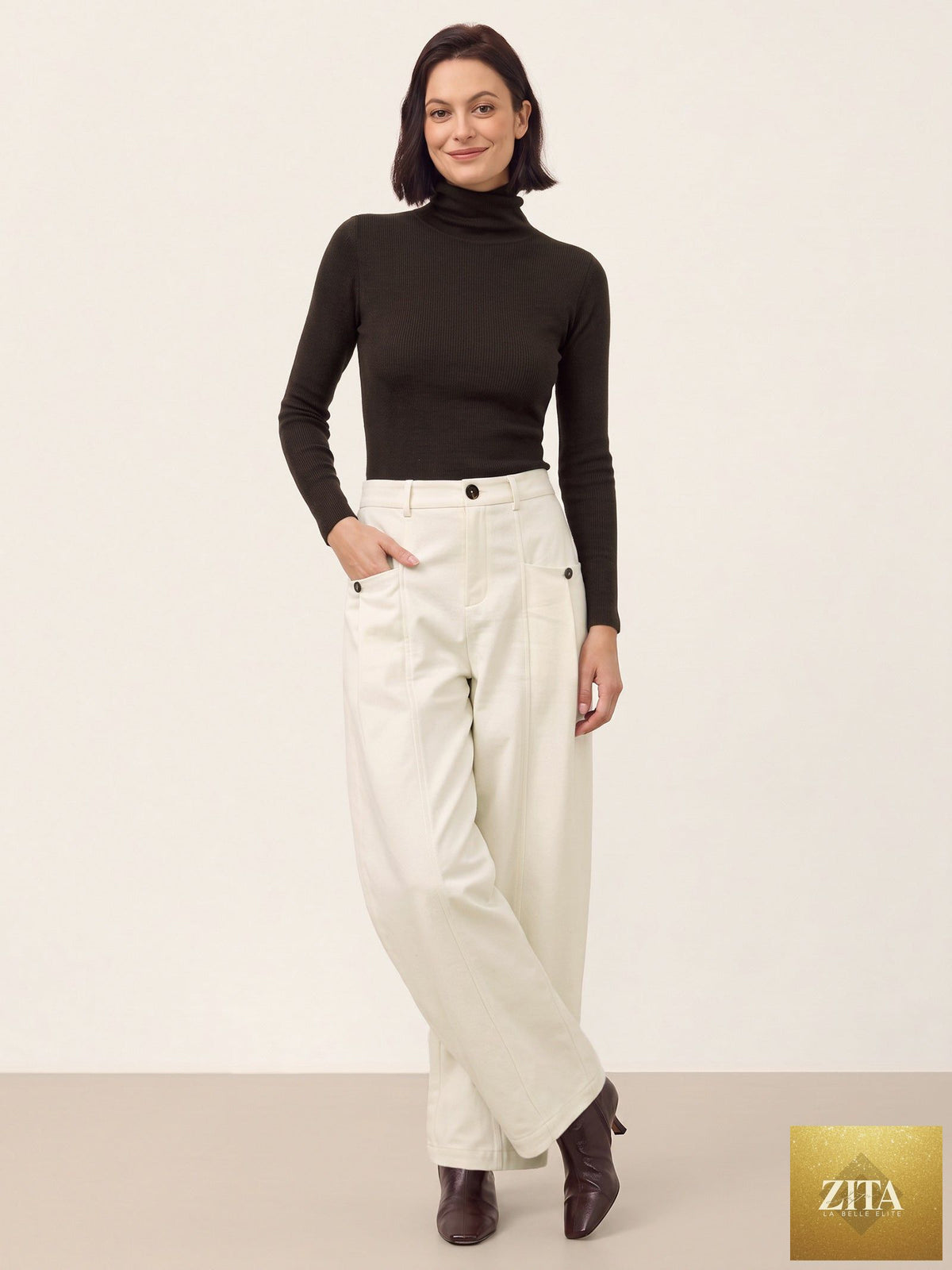 Cotton Mid Waist Curved Leg Pants LORENA