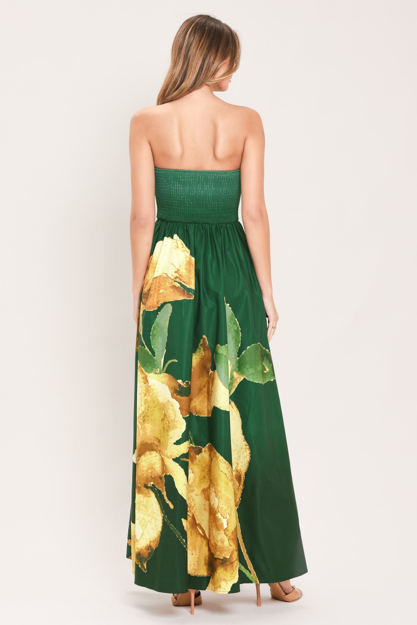 Flying Tomato Golden Rose Afterglow woven maxi dress in vibrant green, flowing fabric with a relaxed, elegant fit.
