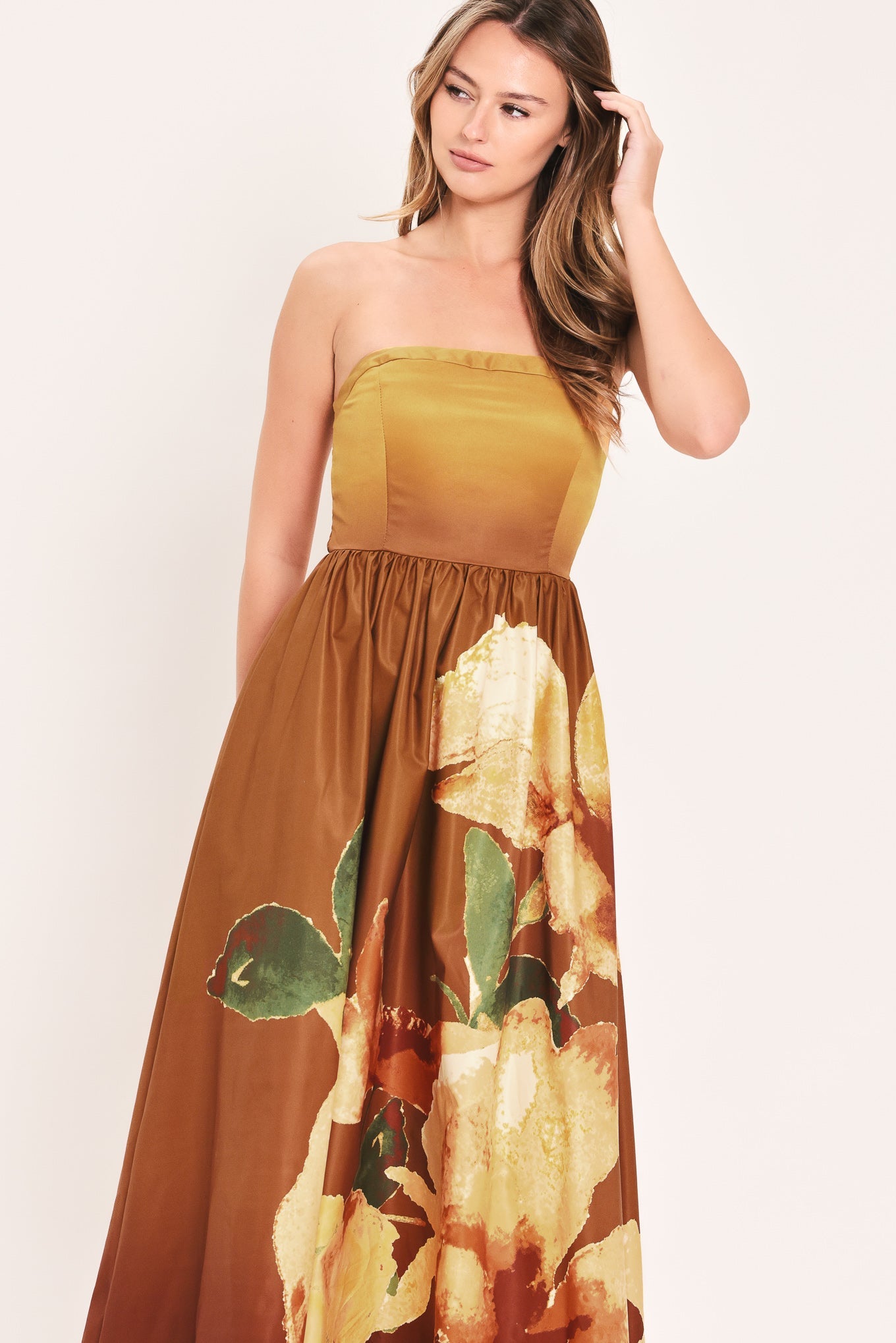 Rust-colored Golden Rose Afterglow woven maxi dress by Flying Tomato, featuring flowing fabric and boho-inspired design.