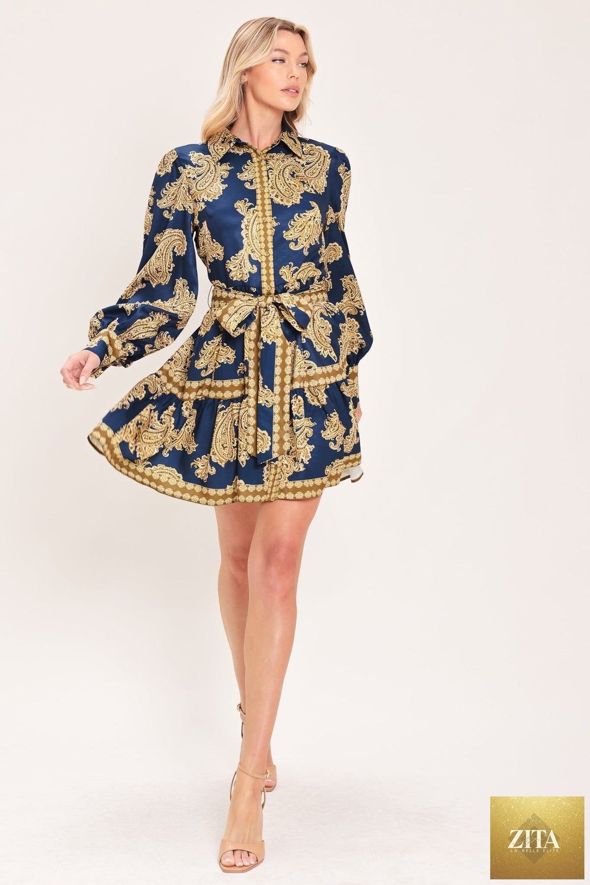 SAPPHIRE ORNAMENT WOVEN MINI SHIRT DRESS