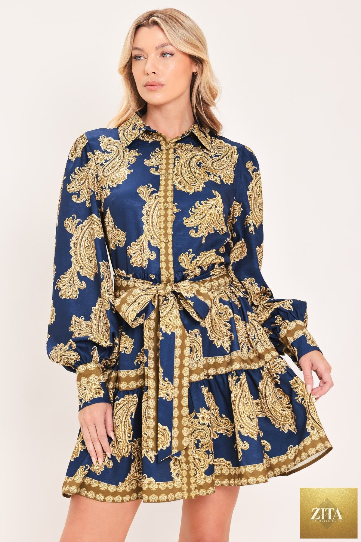 SAPPHIRE ORNAMENT WOVEN MINI SHIRT DRESS