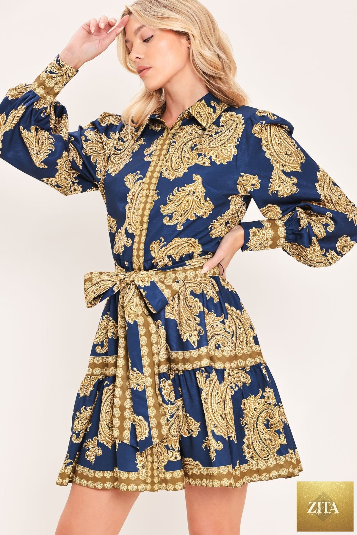 SAPPHIRE ORNAMENT WOVEN MINI SHIRT DRESS