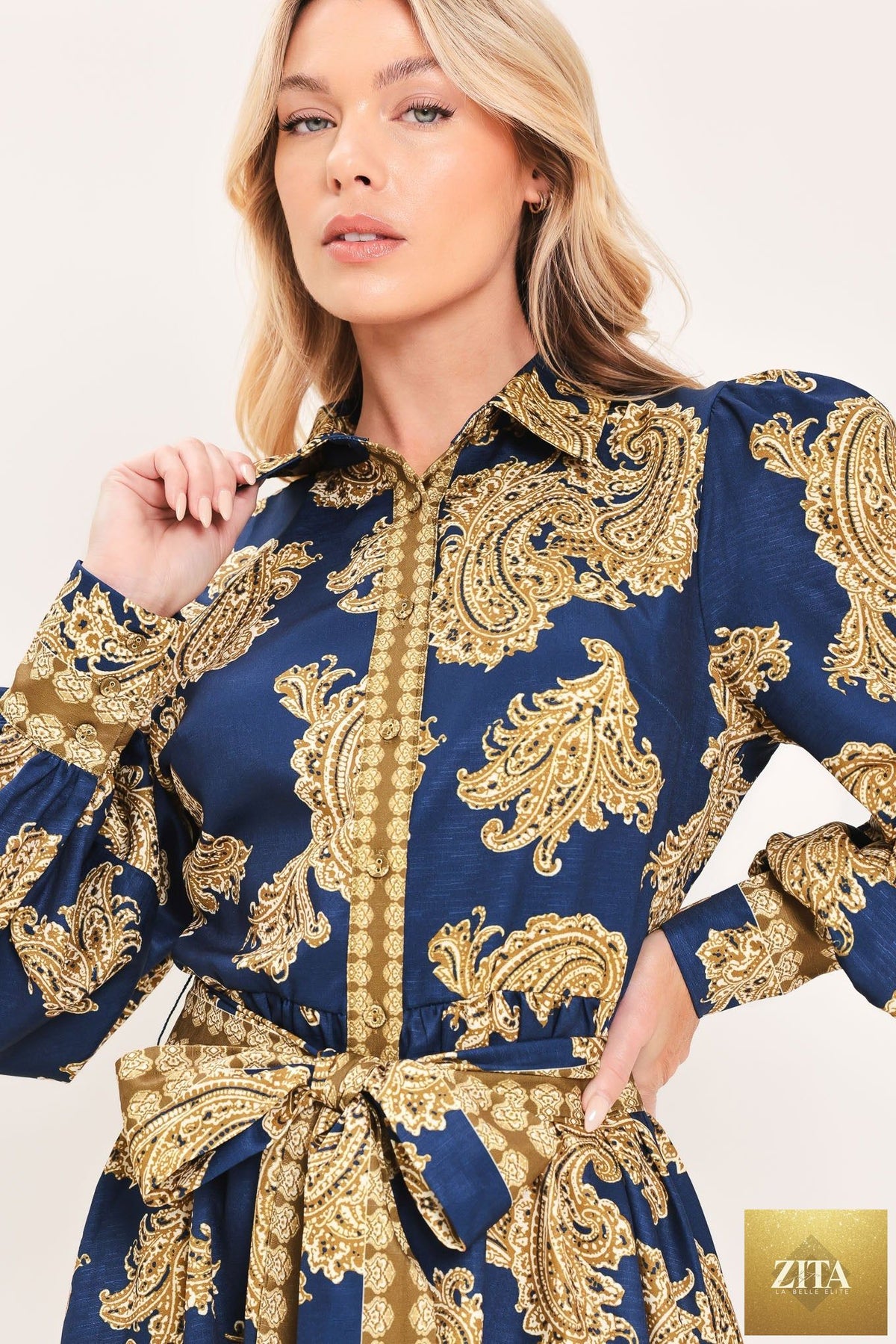 SAPPHIRE ORNAMENT WOVEN MINI SHIRT DRESS