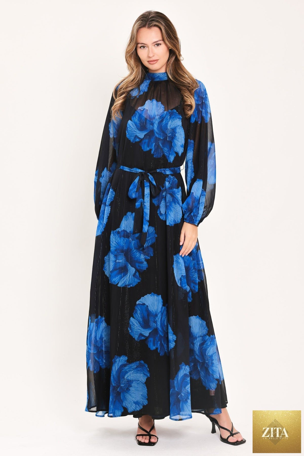 COBALT PETALS IN SHADOW WOVEN MAXI DRESS