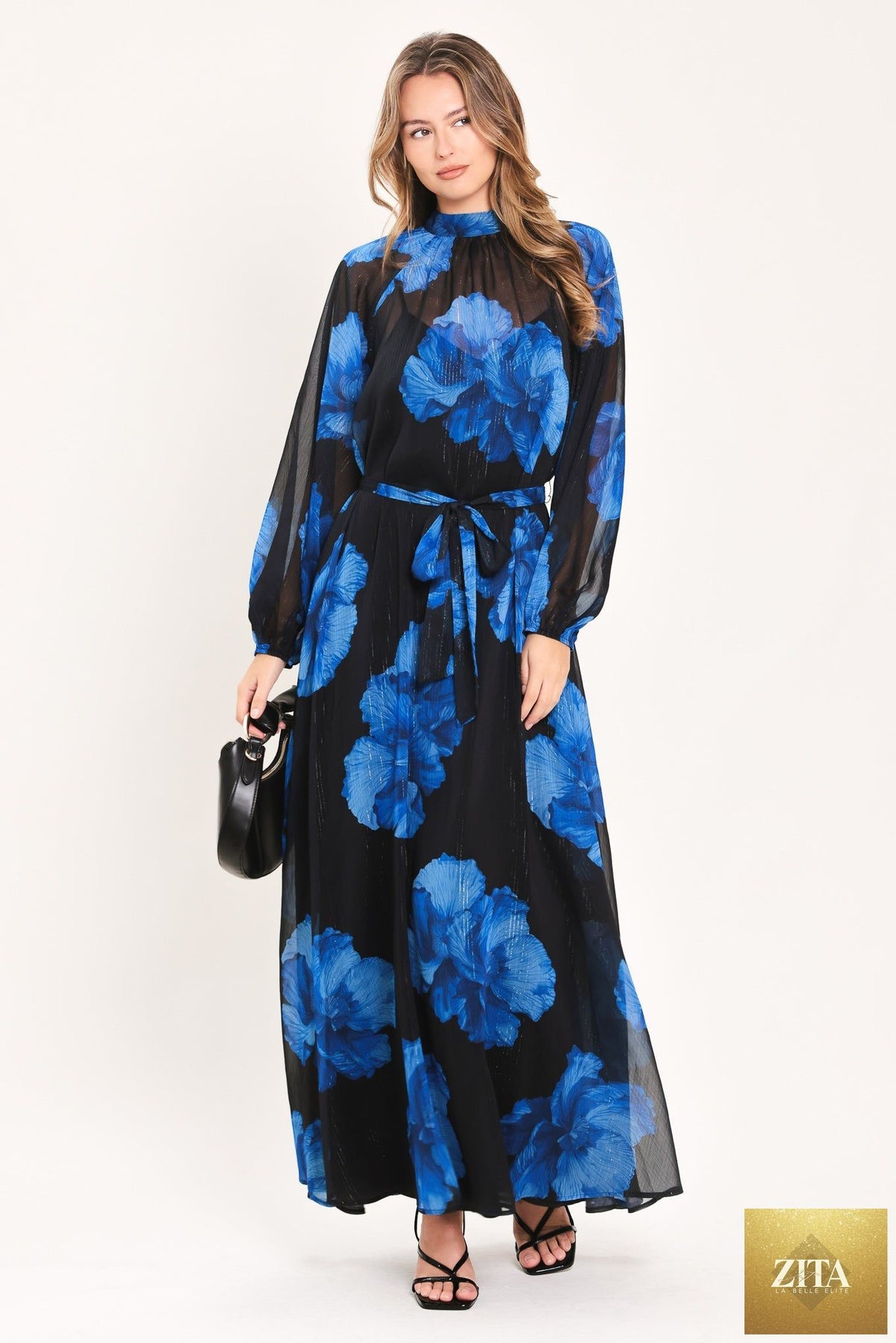 COBALT PETALS IN SHADOW WOVEN MAXI DRESS