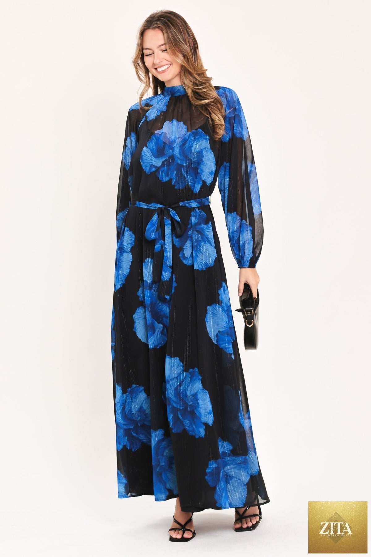 COBALT PETALS IN SHADOW WOVEN MAXI DRESS