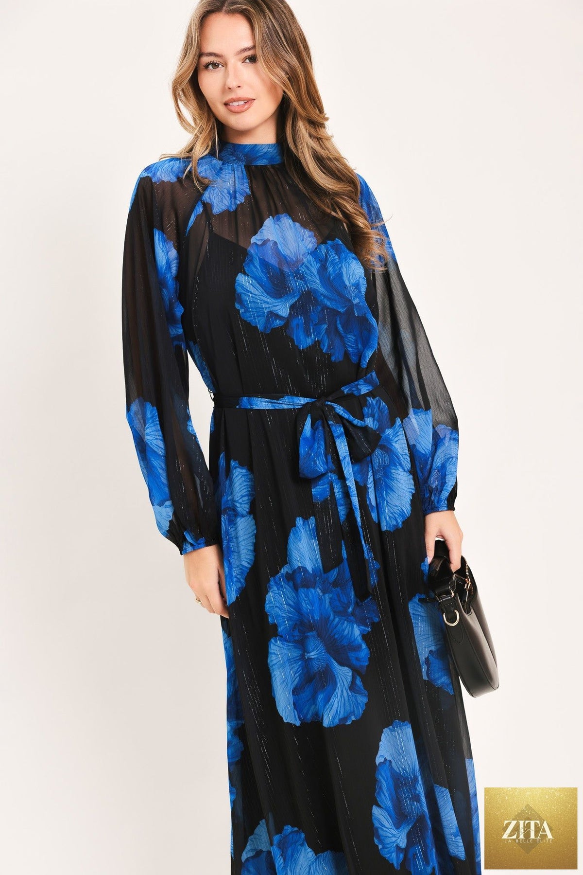 COBALT PETALS IN SHADOW WOVEN MAXI DRESS