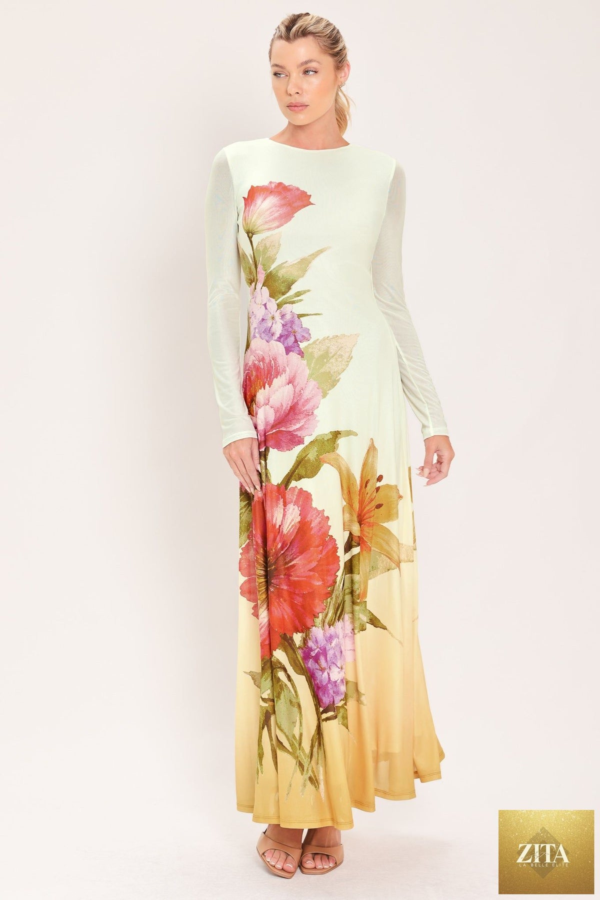 PASTEL BOTANIC SPLENDOR POWER MESH MAXI DRESS
