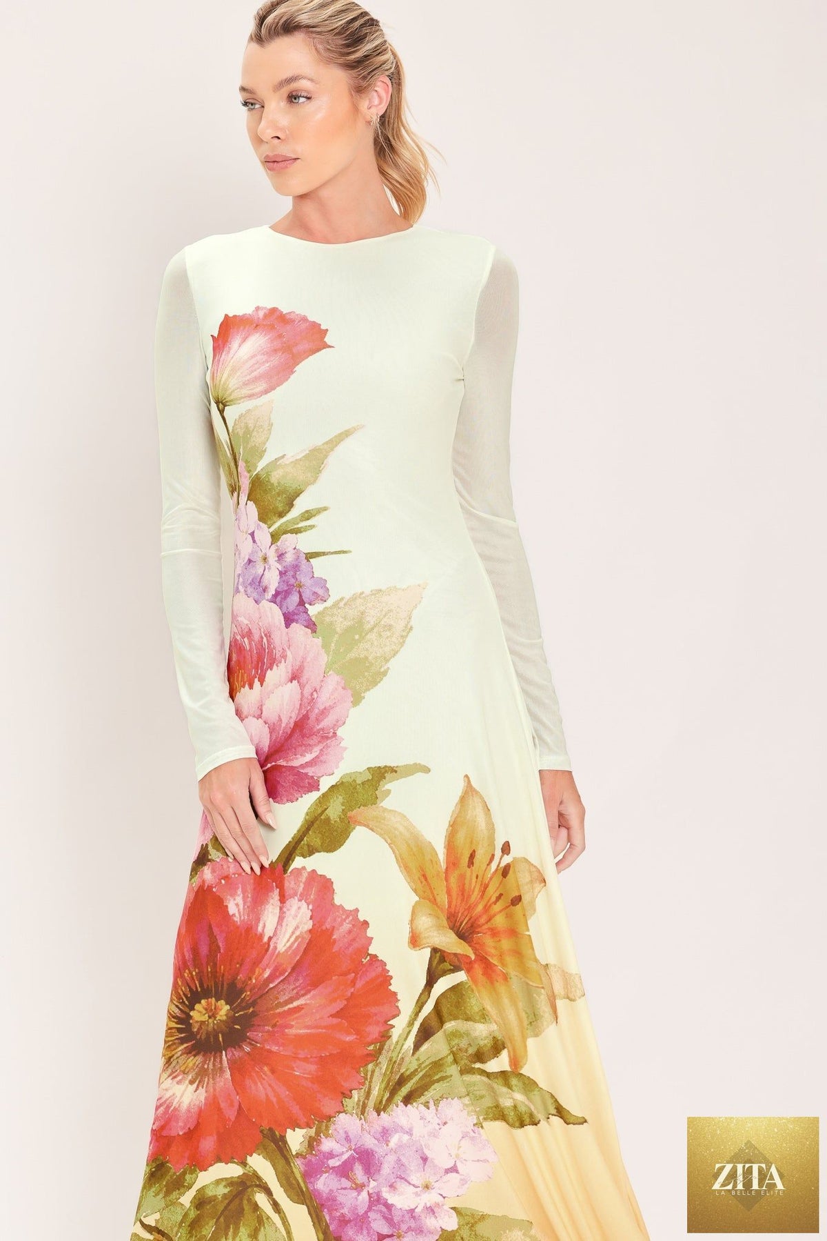 PASTEL BOTANIC SPLENDOR POWER MESH MAXI DRESS