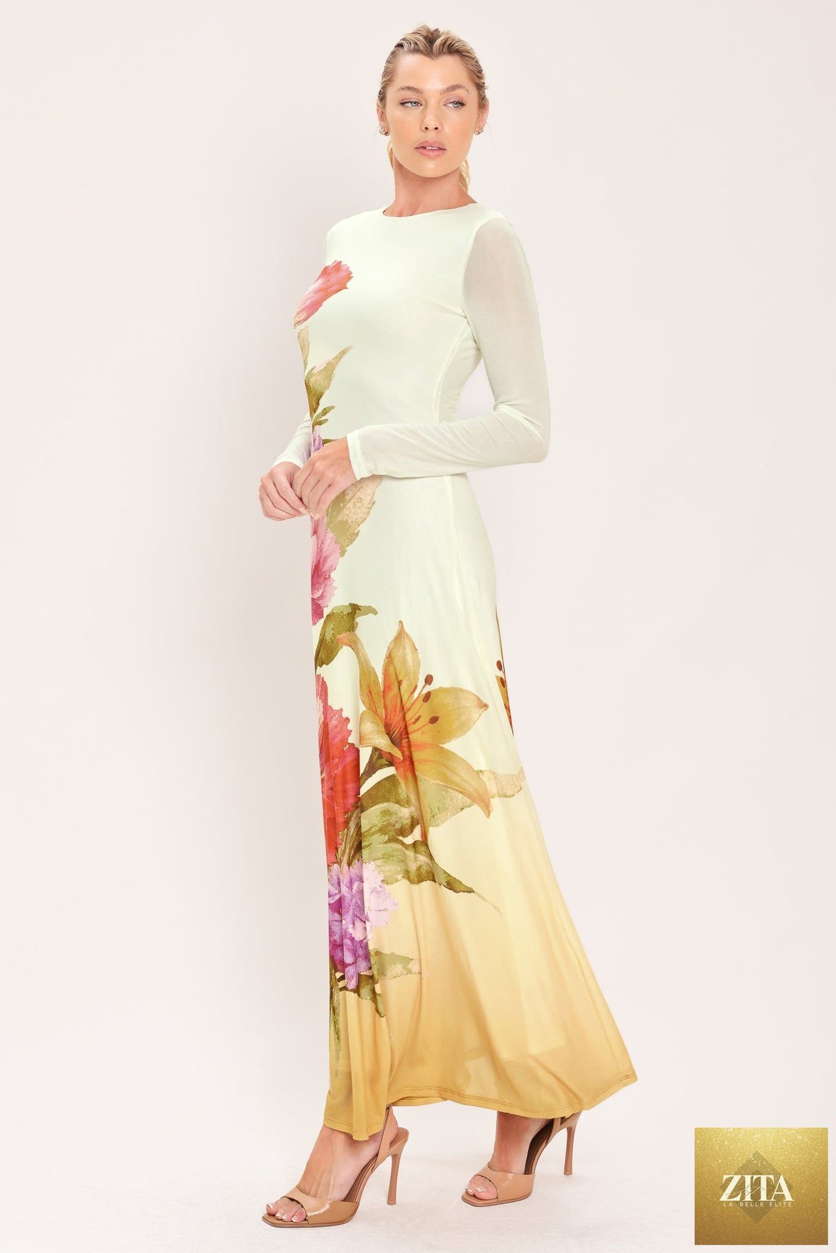 PASTEL BOTANIC SPLENDOR POWER MESH MAXI DRESS
