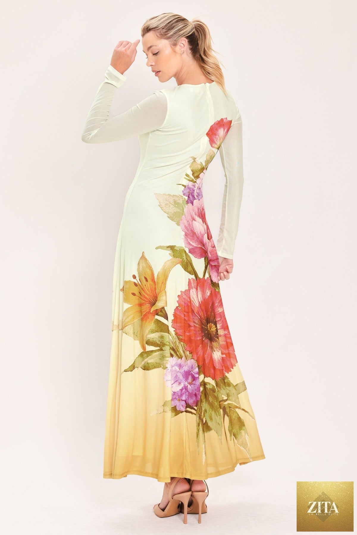 PASTEL BOTANIC SPLENDOR POWER MESH MAXI DRESS
