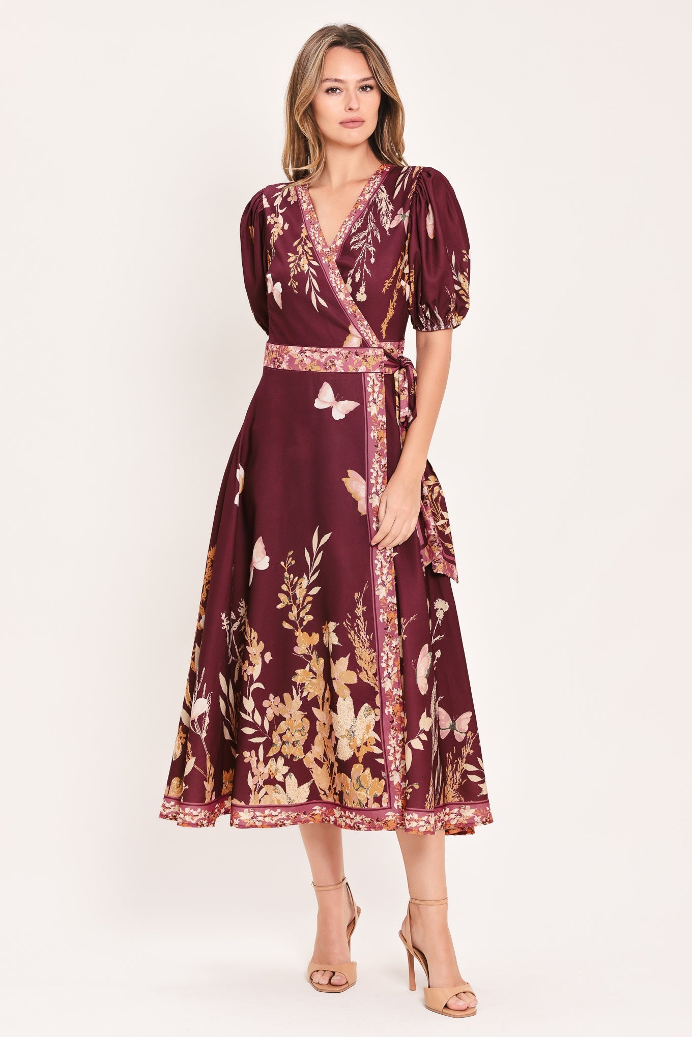 Flying Tomato Plum Garden Enchantment woven midi dress in burgundy and mustard, featuring a floral pattern and lightweight fabric.