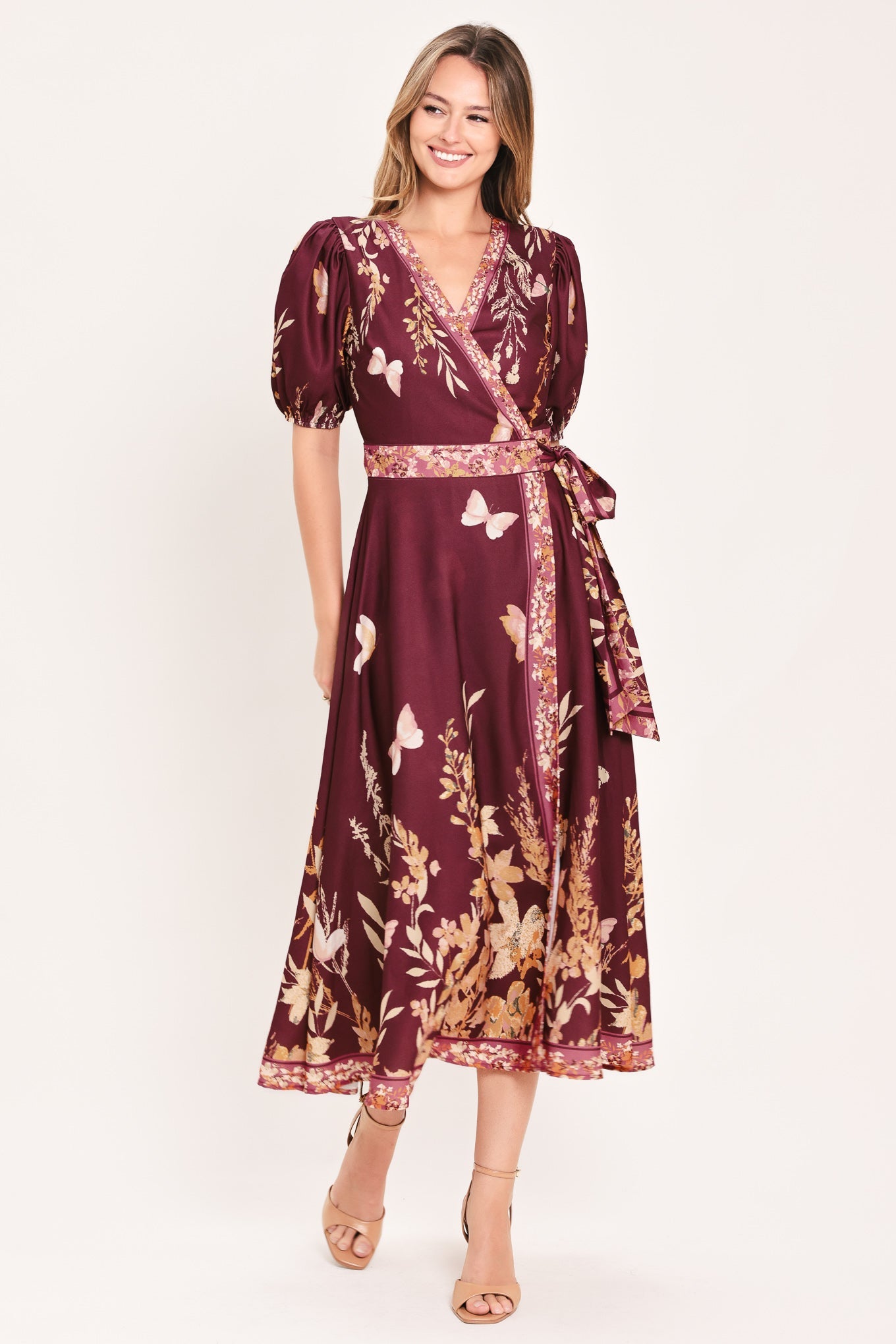 Flying Tomato Plum Garden Enchantment woven midi dress in burgundy and mustard, featuring a flowy, stylish design.