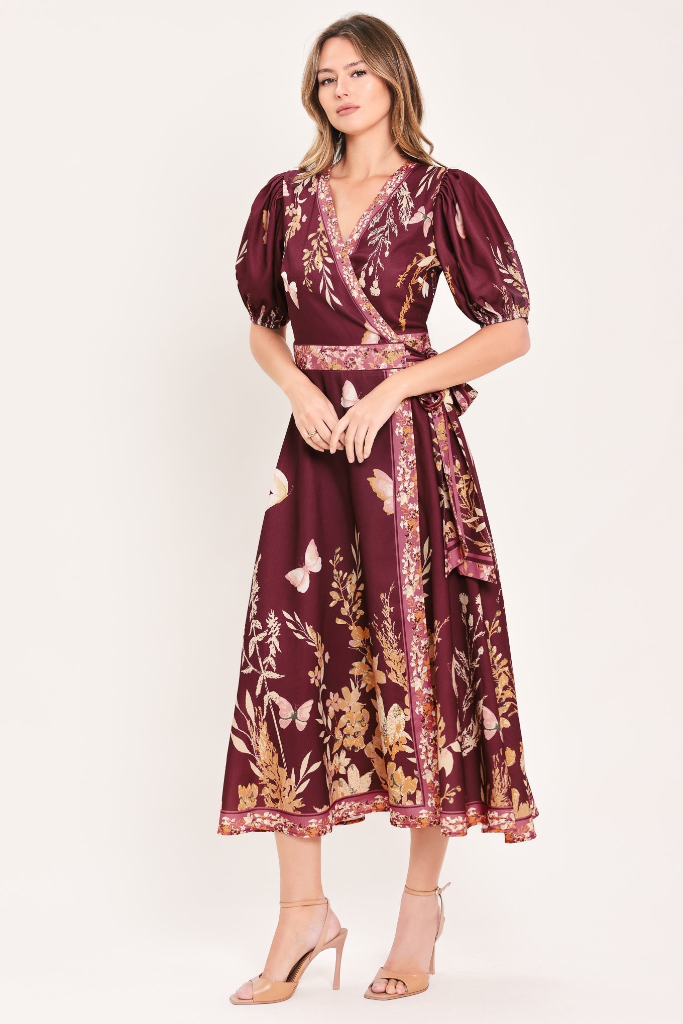 Flying Tomato Plum Garden Enchantment woven midi dress in burgundy mustard, featuring a floral pattern and a flowy silhouette.