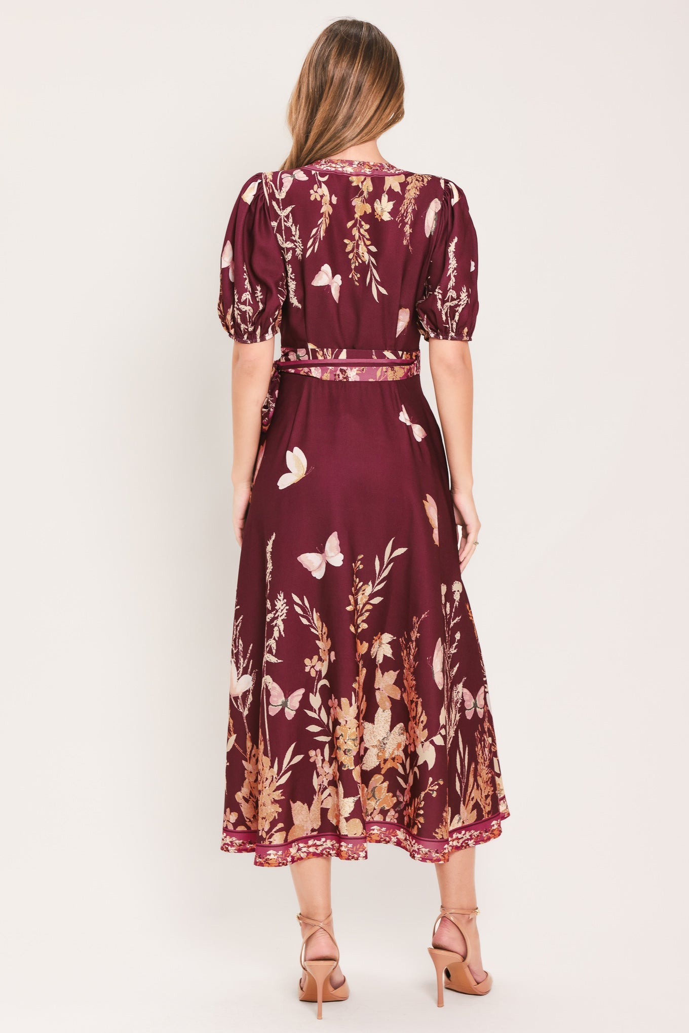 Flying Tomato Plum Garden Enchantment woven midi dress in burgundy mustard color, featuring a flowy, bohemian style with intricate details.