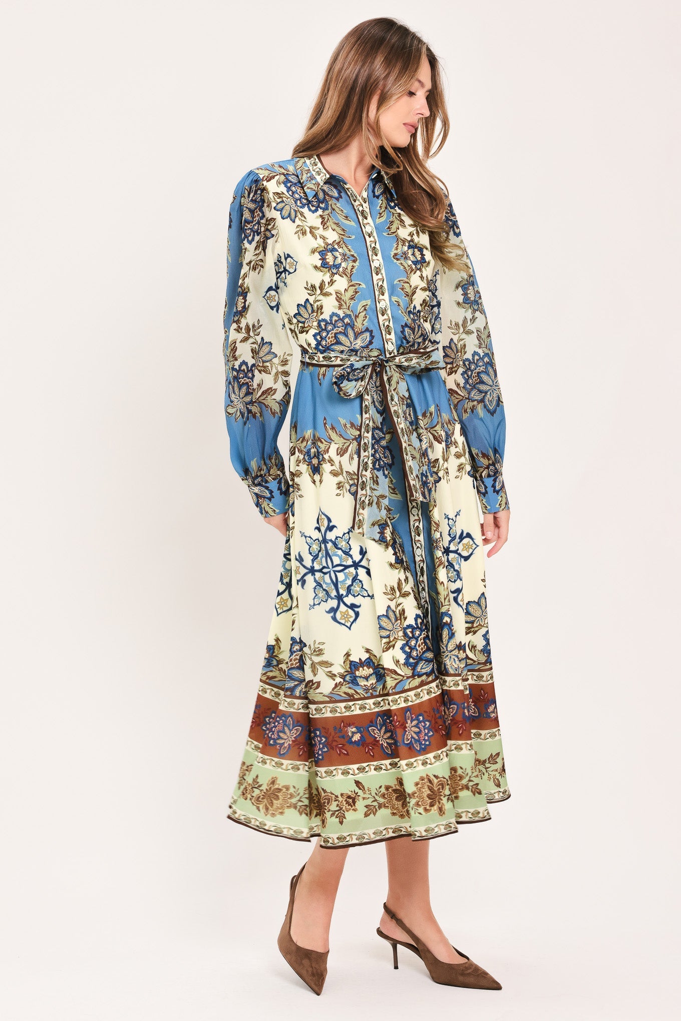 Flying Tomato Skyborne Ornamental Grace woven midi shirt dress in ivory, featuring intricate patterns and a relaxed fit.