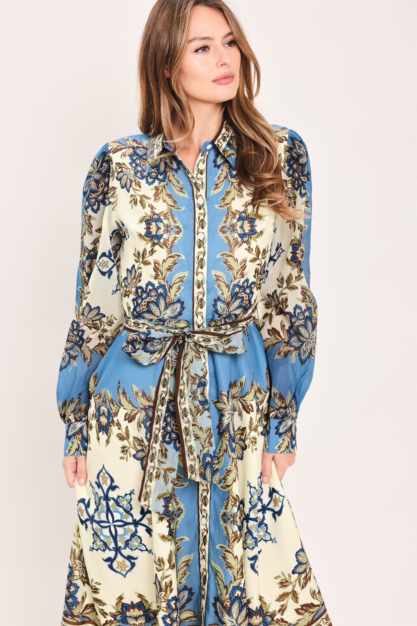 Flying Tomato Skyborne Ornamental Grace woven midi dress in ivory, featuring a flowy, patterned design perfect for casual or dressy occasions.