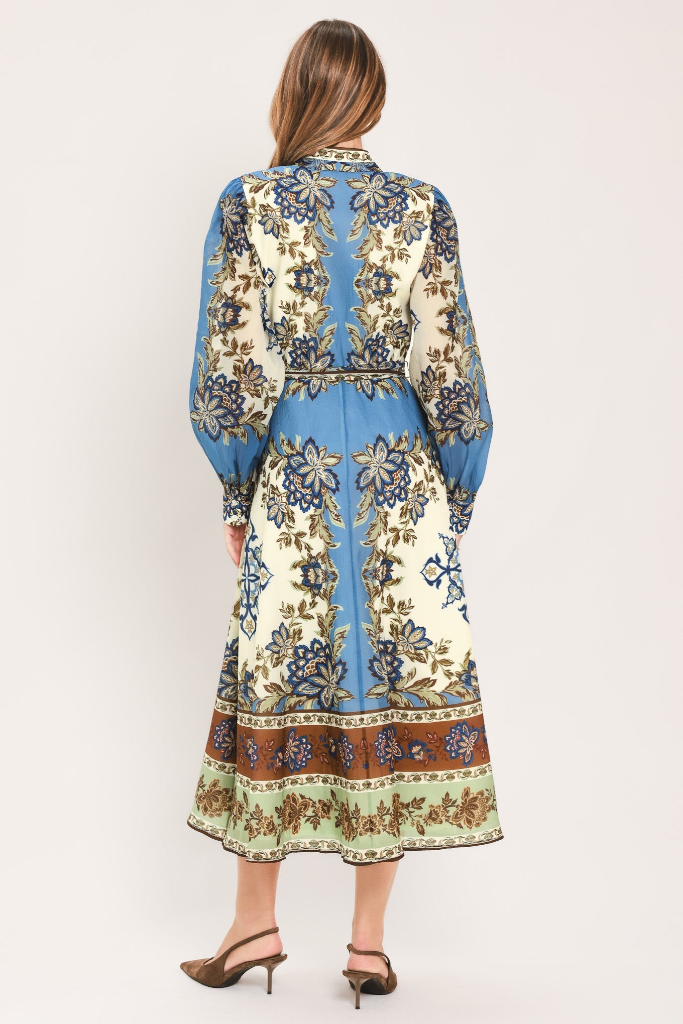 Flying Tomato Skyborne Ornamental Grace woven midi shirt dress in ivory with a relaxed fit and intricate woven details.