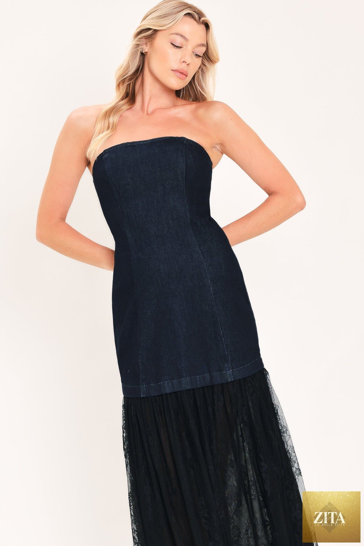 MIDNIGHT COLUMN MUSE DENIM TUBE DRESS