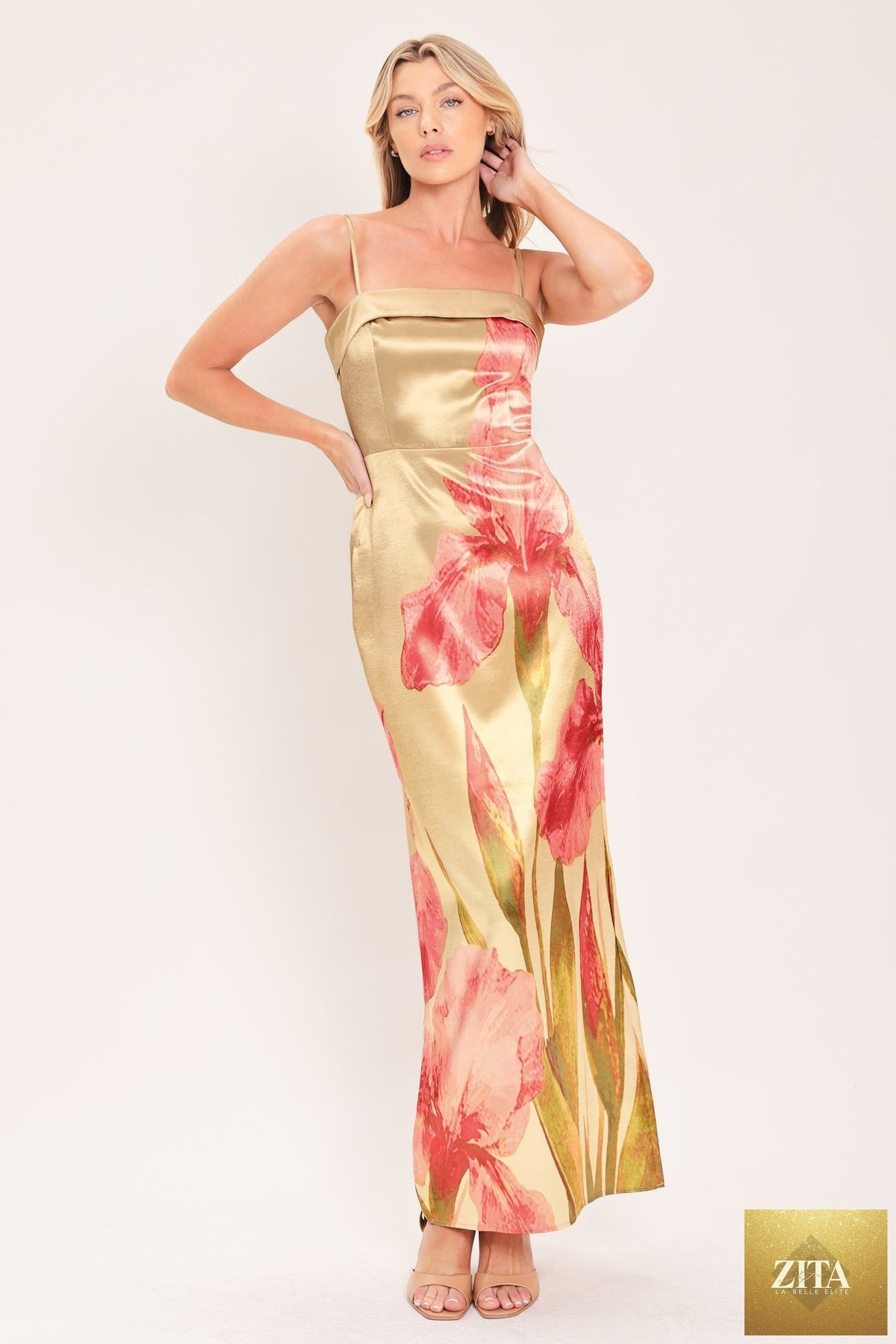 ROSÉ GARDEN GLEAM WOVEN COLUMN MAXI DRESS
