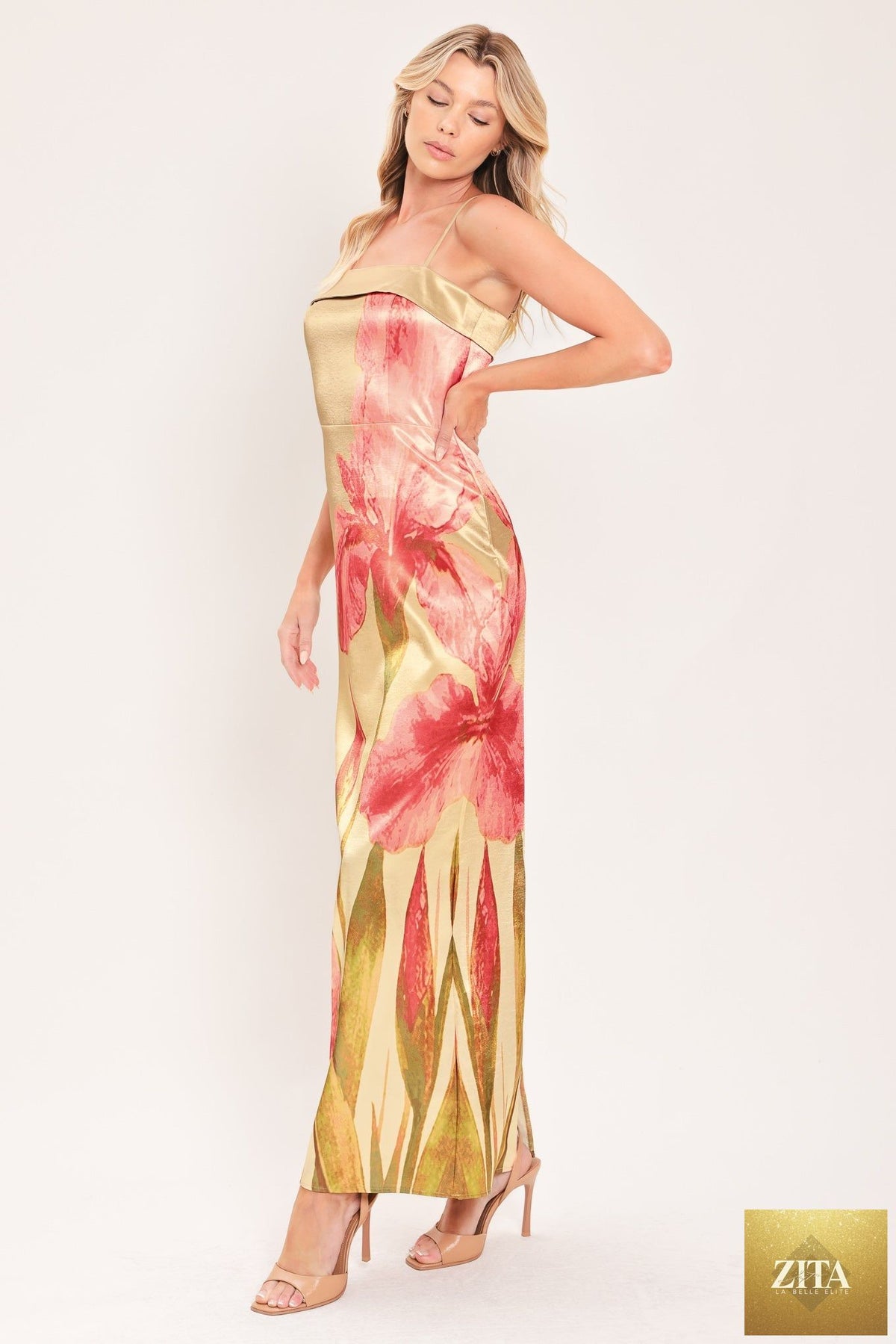 ROSÉ GARDEN GLEAM WOVEN COLUMN MAXI DRESS