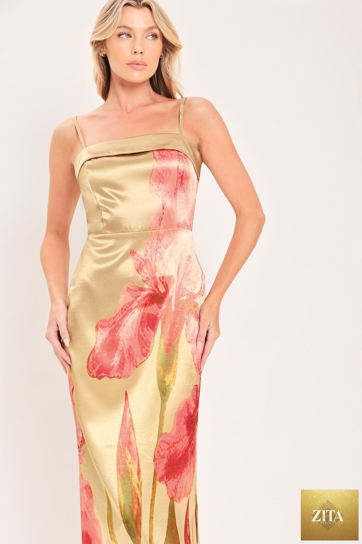 ROSÉ GARDEN GLEAM WOVEN COLUMN MAXI DRESS