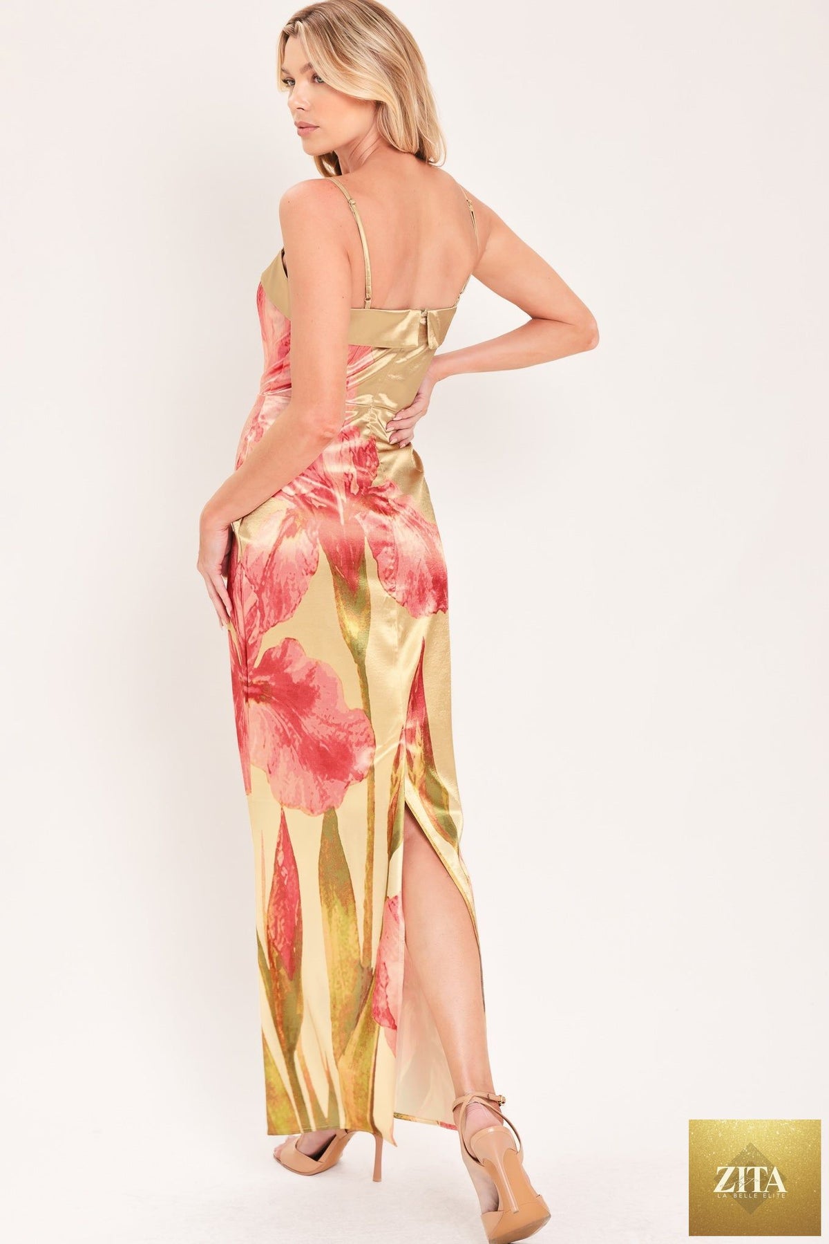 ROSÉ GARDEN GLEAM WOVEN COLUMN MAXI DRESS