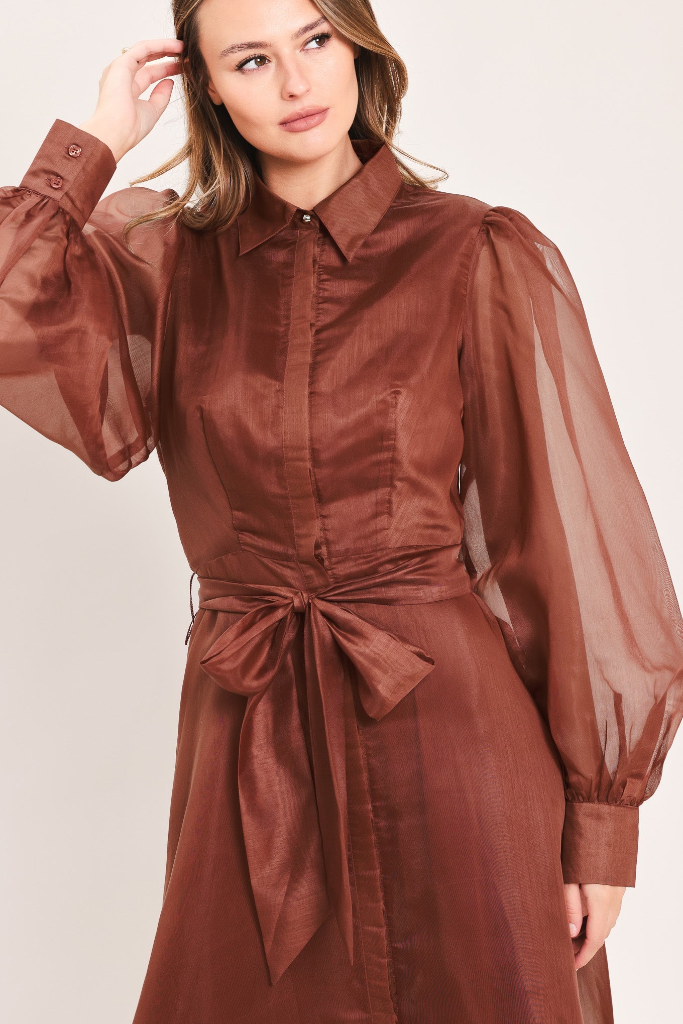 Flying Tomato Cedarlight Embrace woven organza maxi dress in brown, flowing fabric with elegant, layered design.