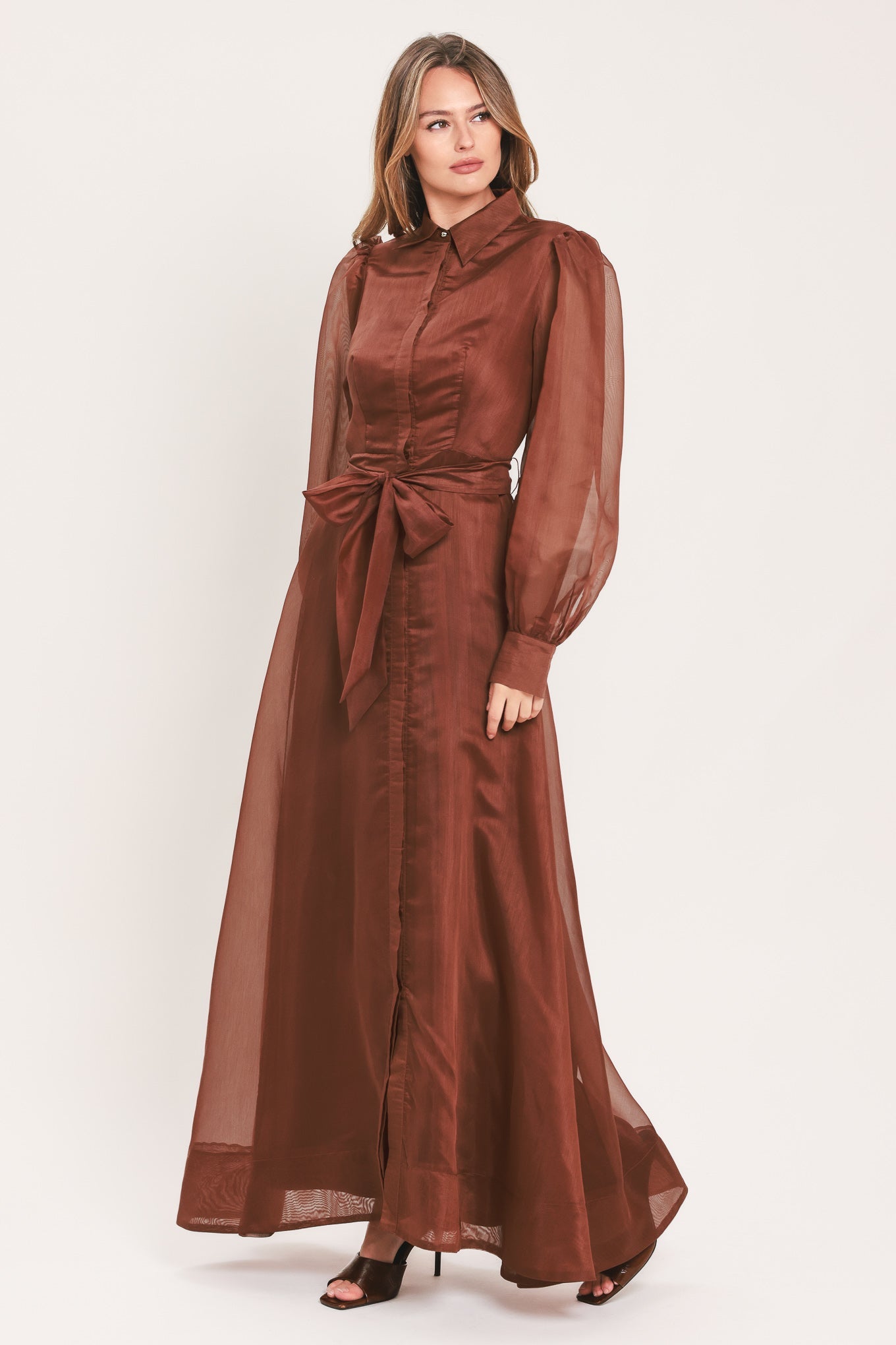 Flying Tomato Cedarlight Embrace woven organza maxi dress in brown with flowing fabric and elegant design.