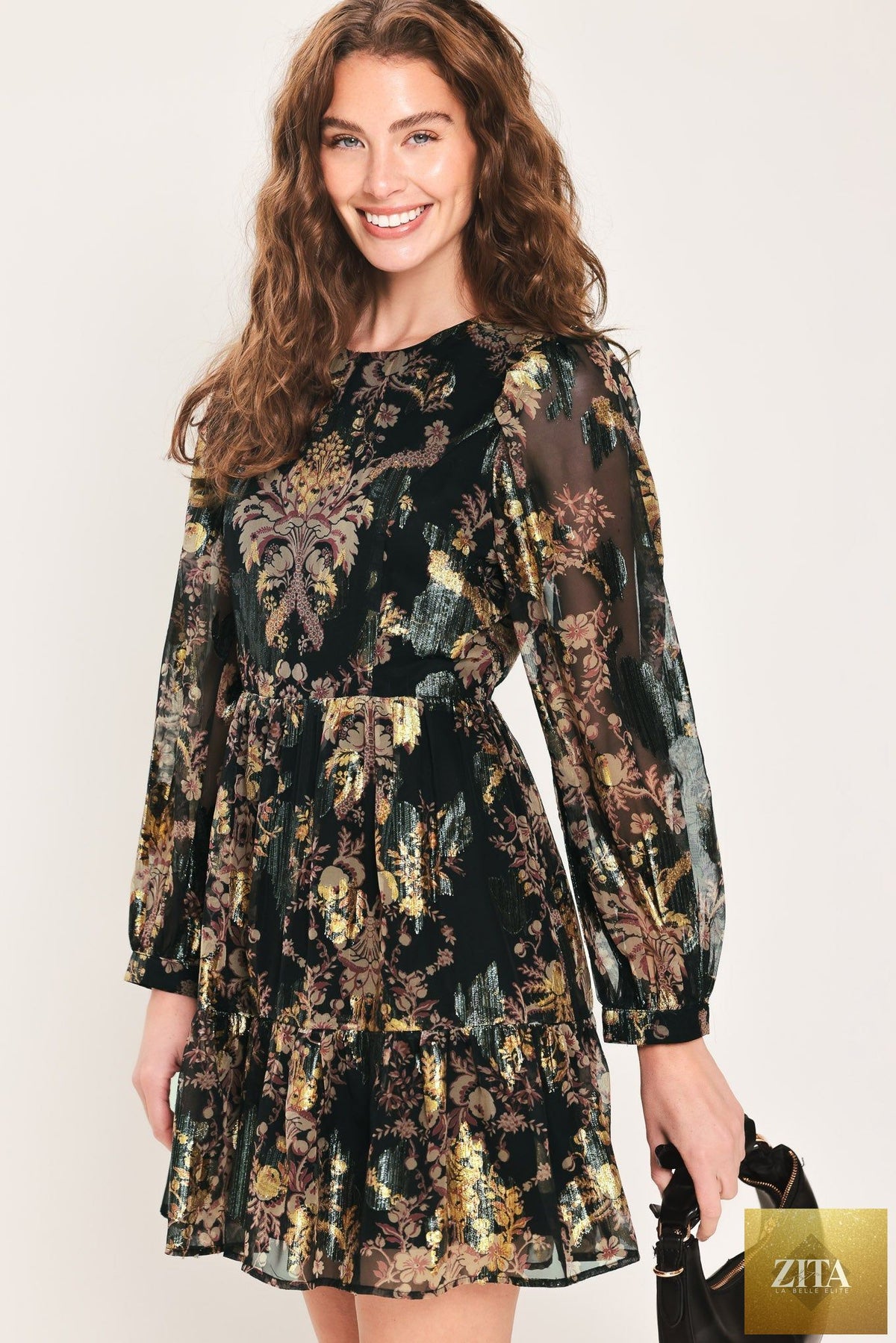 MIDNIGHT FLIRT BLACK PRINTED RUFFLE-HEM MINI DRESS