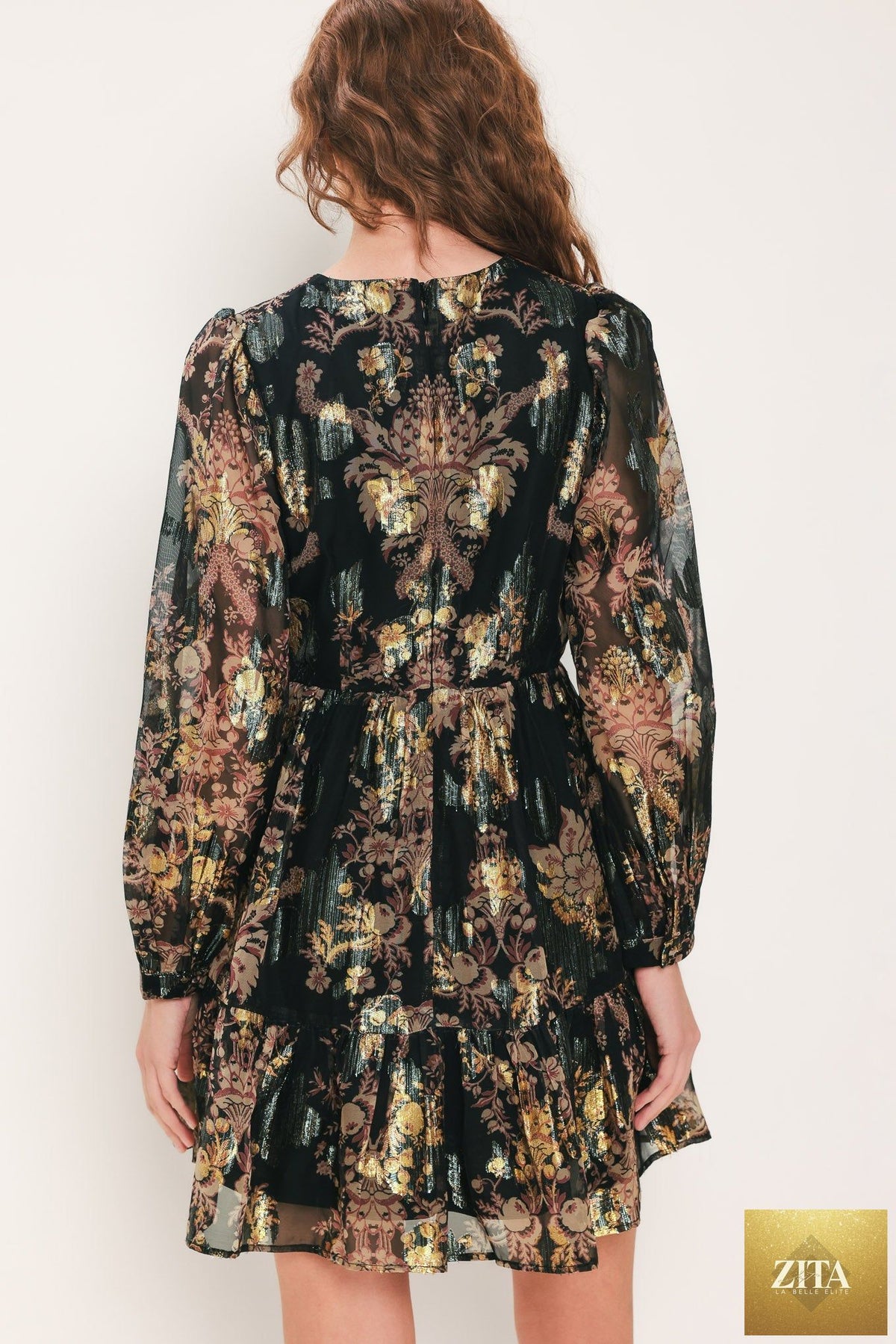 MIDNIGHT FLIRT BLACK PRINTED RUFFLE-HEM MINI DRESS