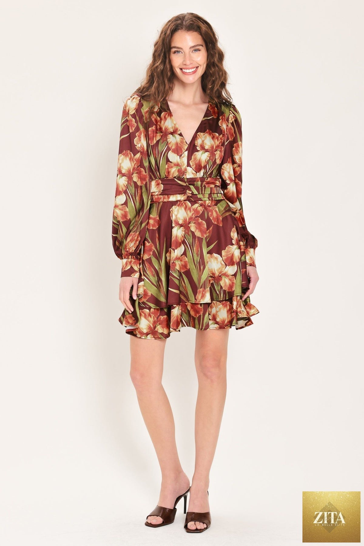 BURGUNDY CRUSH PRINTED RUCHED-WAIST TIERED MINI DRESS